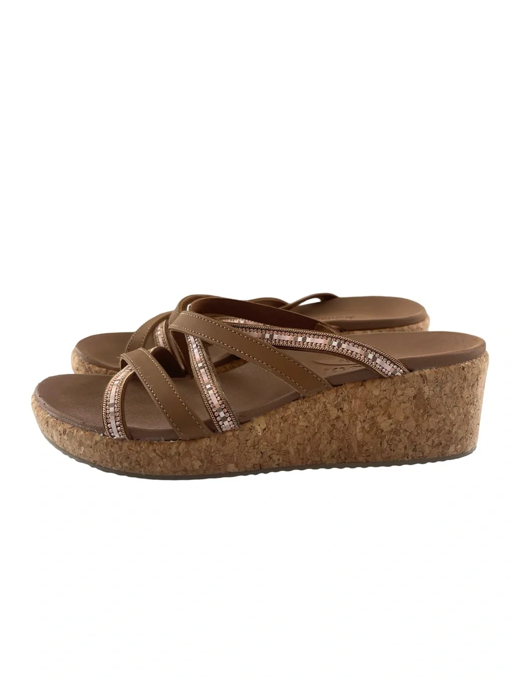 Skechers Arch Fit Beverley Wedge Sandal Cork Brown Beach Resort Womens Size 7